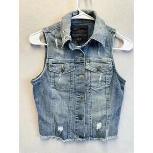 Silver Vest Women’s Small Blue Jean Denim Cropped Moto Trucker Biker Distressed‎